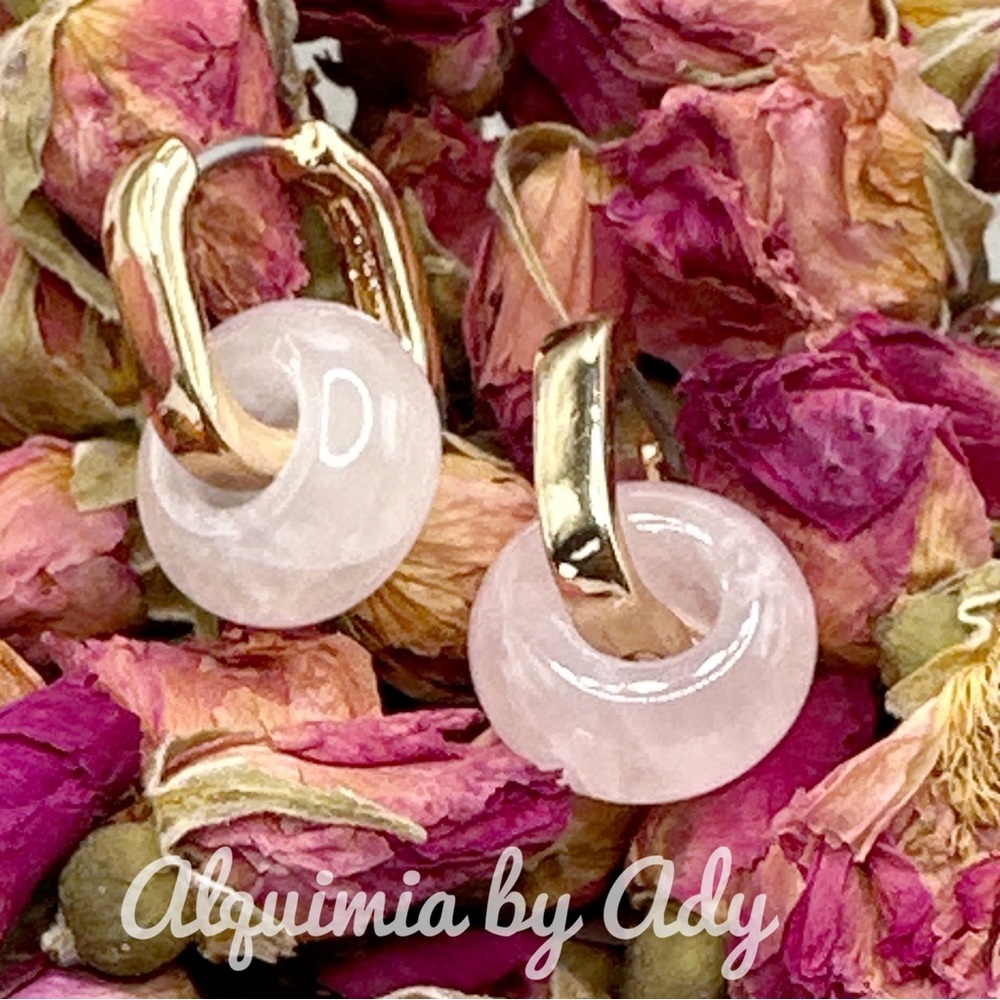 Pink Quartz donut charms in gold mini huguie hoops earrings